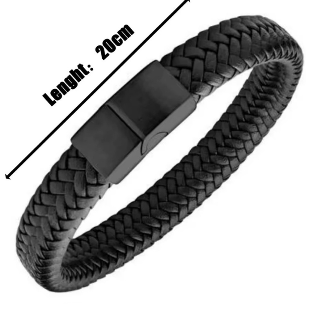 Men's Black Braided Leather Bracelet - Picture 7 of 10